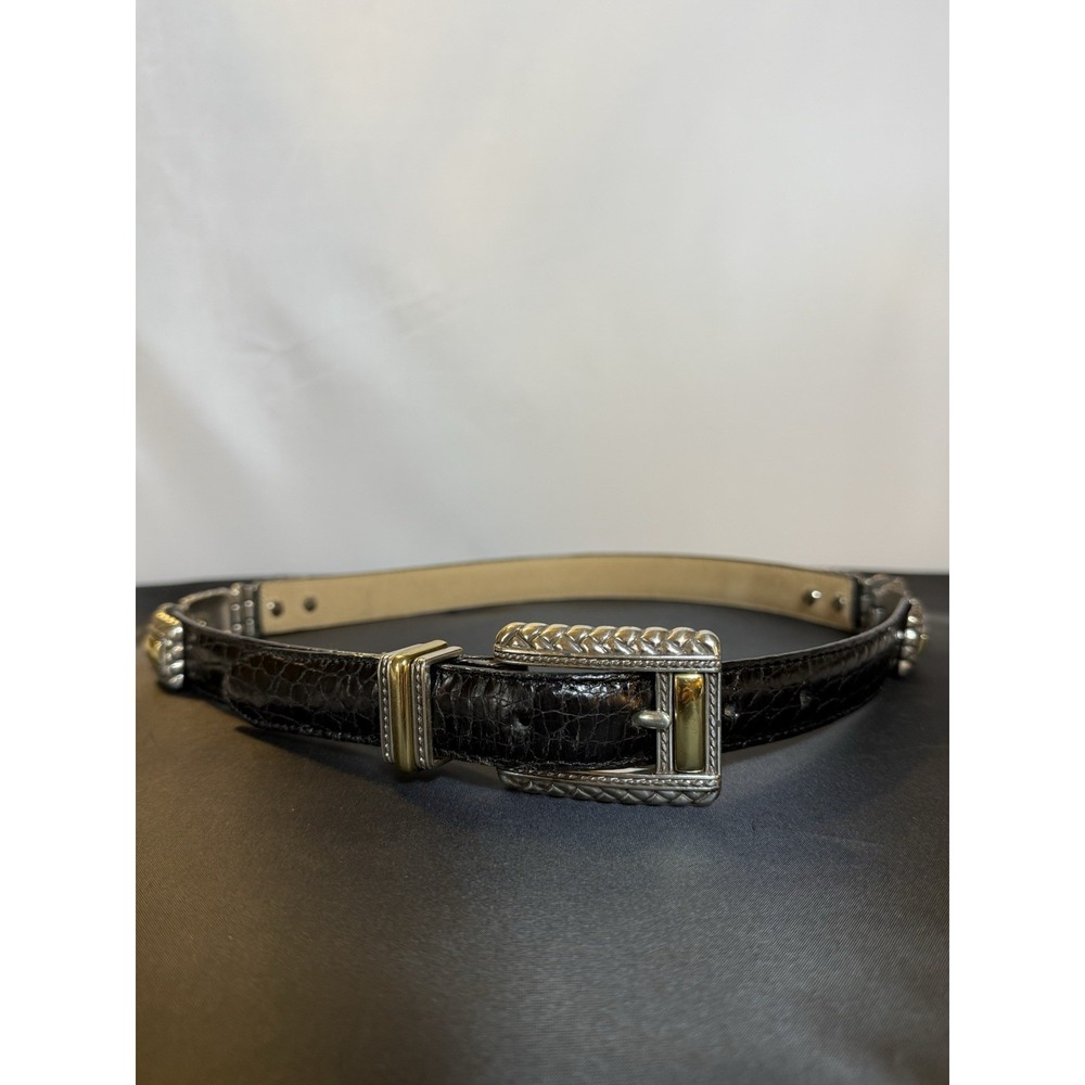 VTG 90s Brighton Womens Black Croc Embossed Leather Belt 2-tone Hardware 27-31"
